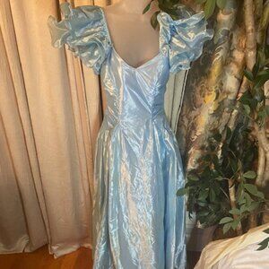 Light Blue Satin 80’s Prom Dress with Ruffled Puff Sleeves
